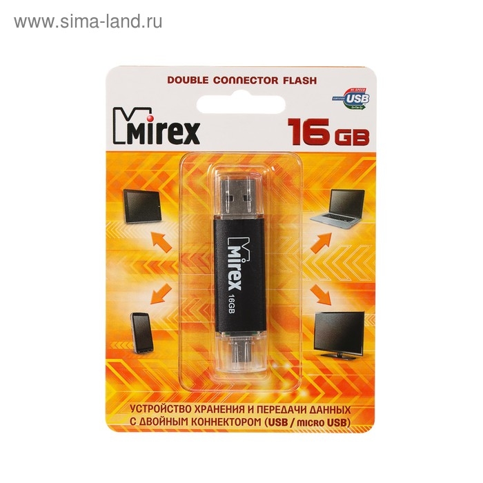 Флешка Mirex SMART BLACK, 16 Гб, USB2.0, USB/microUSB, чт до 25 Мб/с, зап до 15 Мб/с, черная Флешка Mirex SMART BLACK, 16 Гб, USB2.0, USB/microUSB, чт до 25 Мб/с, зап до 15 Мб/с, черная