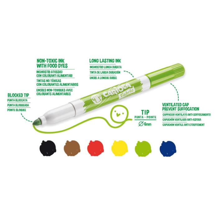 Фломастеры для ткани 6 цветов Carioca Фломастеры для ткани 6 цветов Carioca "Fabric Liner" 6.0 мм, картон, европодвес