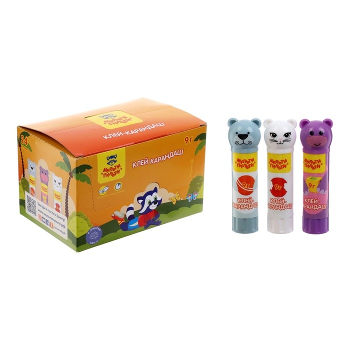 Клей-карандаш PVP 9г Мульти-Пульти Клей-карандаш PVP 9г Мульти-Пульти "Зверята: Морской котик, Бегемот, Кошка", колпачок в форме животного