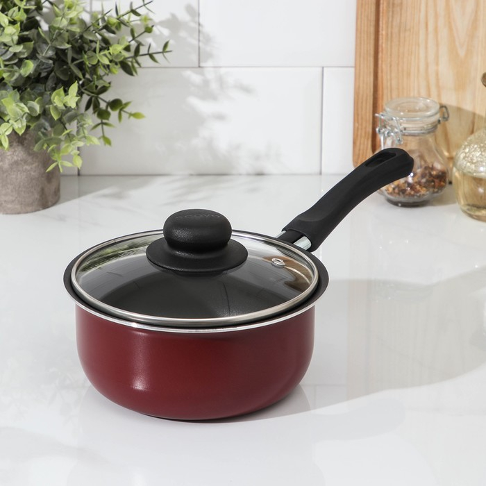 Ковш «Эксперт», 1,3 л, d=16 см, стеклянная крышка, пластиковая ручка, антипригарное покрытие, цвет бордовый Ковш «Эксперт», 1,3 л, d=16 см, стеклянная крышка, пластиковая ручка, антипригарное покрытие, цвет бордовый