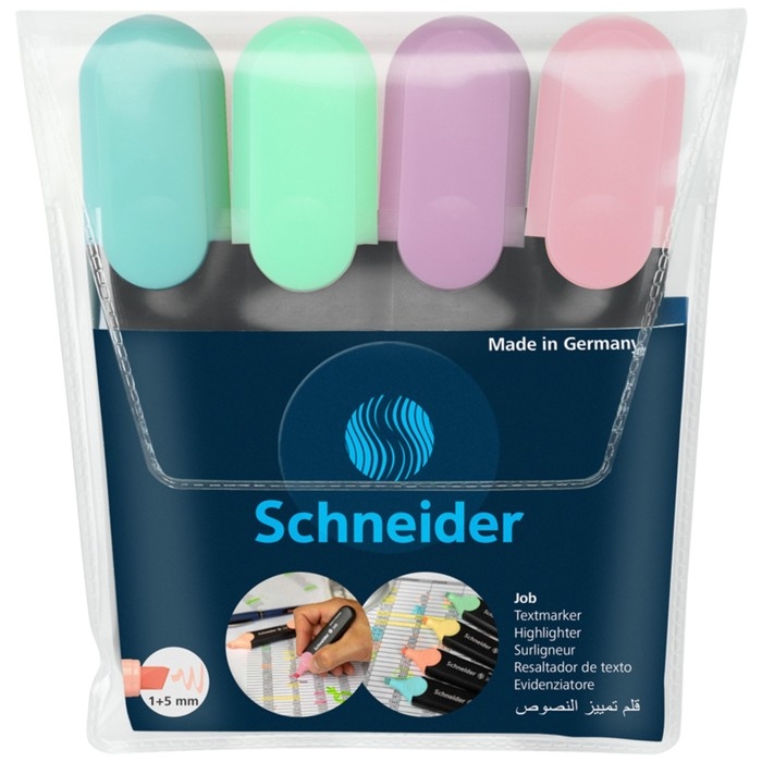 Набор маркеров-текстовыделителей 4 цвета 1-5 мм Schneider Job, пастельные тона, в прозрачном чехле Набор маркеров-текстовыделителей 4 цвета 1-5 мм Schneider Job, пастельные тона, в прозрачном чехле