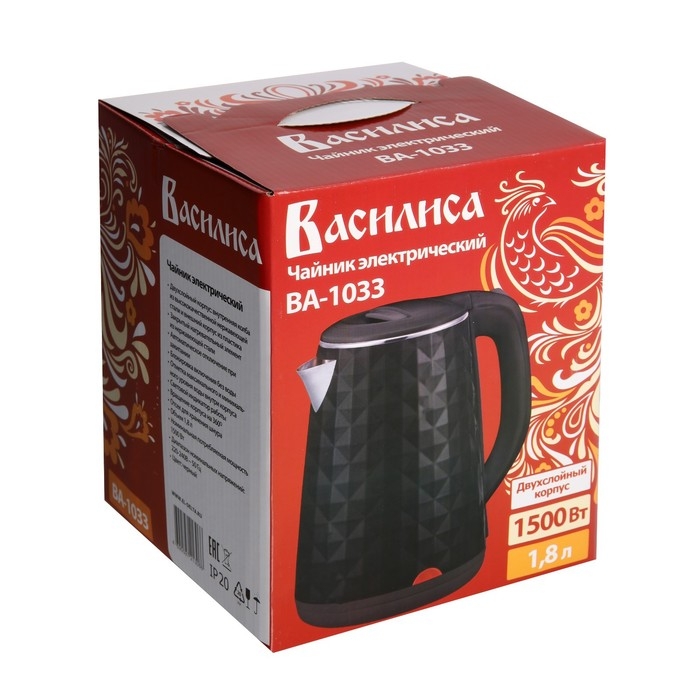 Чайник электрический Чайник электрический "Василиса" ВА-1033, пластик, колба металл, 1.8 л, 1500 Вт, чёрный