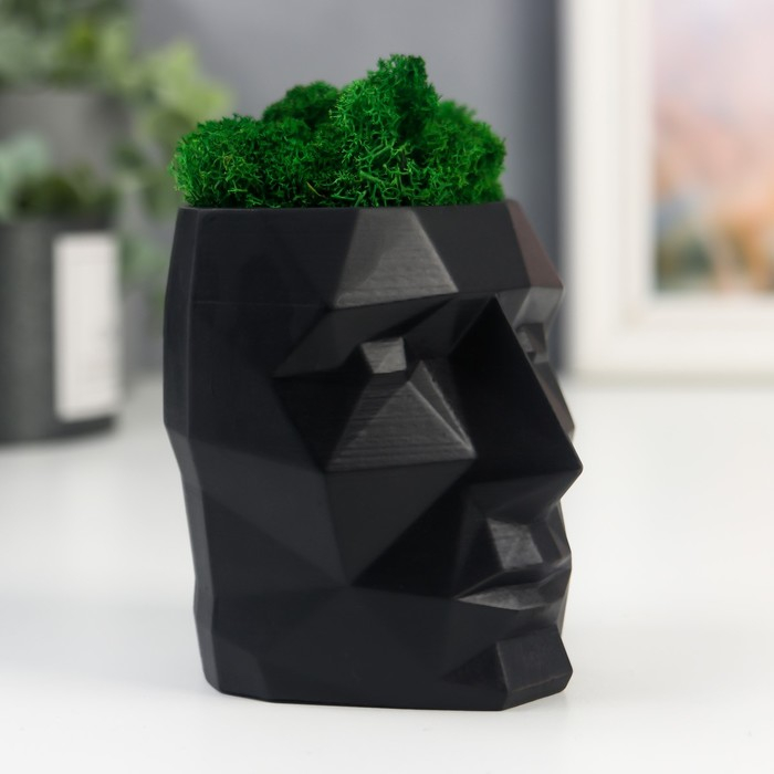 Кашпо бетонное Кашпо бетонное "Голова" со мхом высота 8,5 см черное (мох зеленый стабилизированный)