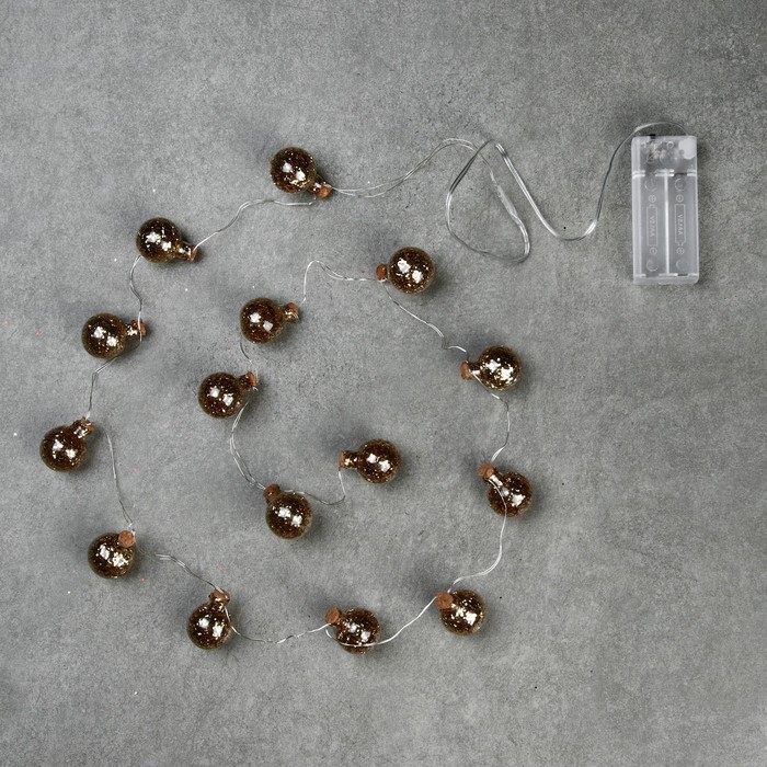 Гирлянда «Нить» 1.6 м с насадками «Шарики с золотистым конфетти», IP20, серебристая нить, 15 LED, батарейки ААх2 (нет в комплекте), свечение тёплое белое