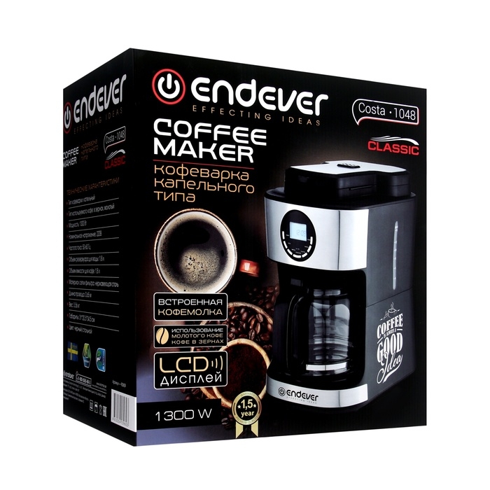 Кофеварка Endever Costa-1048, капельная, 1300 Вт, 1.8 л, чёрно-серая Кофеварка Endever Costa-1048, капельная, 1300 Вт, 1.8 л, чёрно-серая