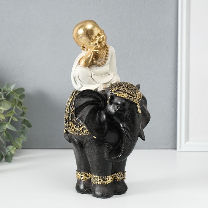 Сувенир полистоун  Сувенир полистоун "Маленький весёлый Будда на чёрном слоне" 14х14х26 см