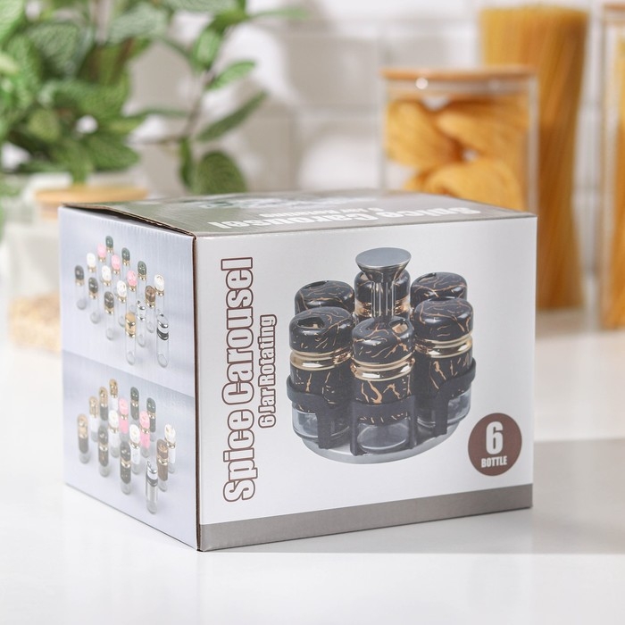 Набор для специй из стекла на подставке Magistro «Чёрный мрамор», 6 шт, цвет чёрный Набор для специй из стекла на подставке Magistro «Чёрный мрамор», 6 шт, цвет чёрный