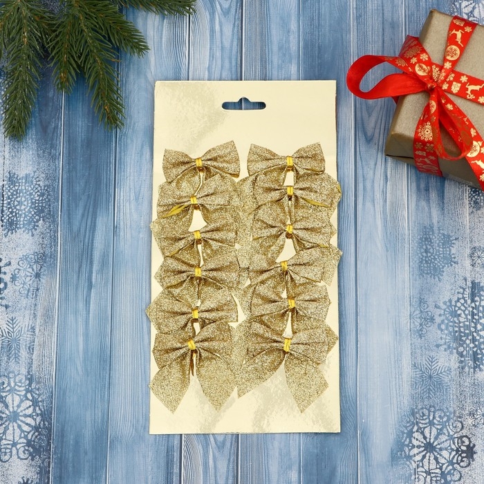 Украшение ёлочное Украшение ёлочное "Бантик с блеском" (набор 12 шт) 4,5х5,5 см, золото