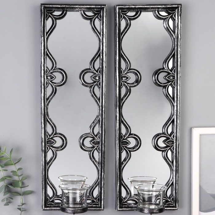 Подсвечник пластик, стекло на 1 свечу Подсвечник пластик, стекло на 1 свечу "Зеркальные узоры" набор 2 шт d-4 см сереб. 8х13х40 см 90688