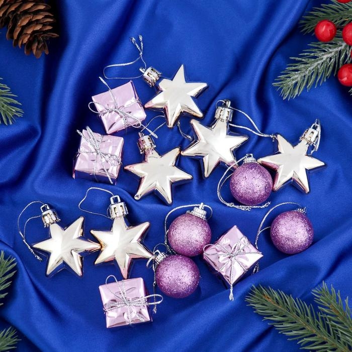 Набор украшений пластик 19 шт Набор украшений пластик 19 шт "Фортуна" (5 подарков, 6 шаров, 8 звёзд) сиреневый, золото