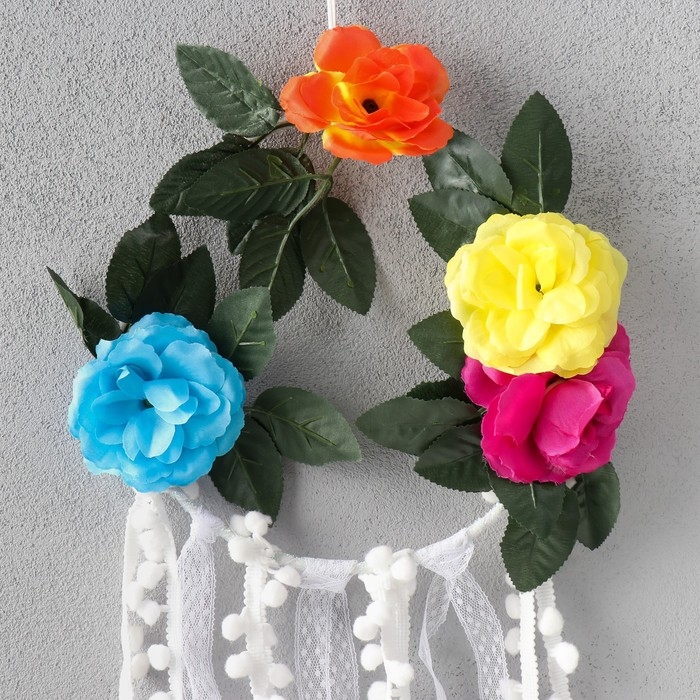 Панно текстиль  Панно текстиль "Цветочный венок с бамбошками" 68х20 см