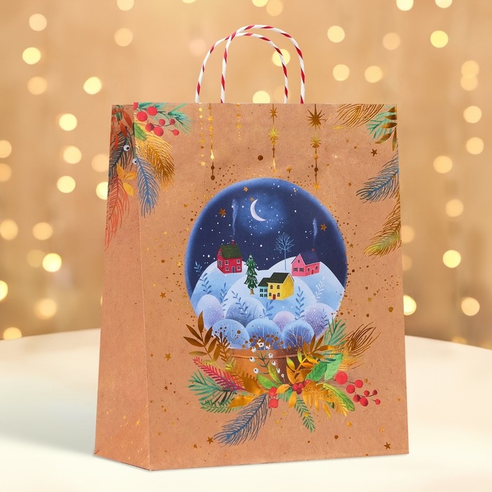 Новый год. Пакет бумажный подарочный новогодний крафт Новый год. Пакет бумажный подарочный новогодний крафт "Рождественский стекляный шар" 26 х 32 х 12 см.