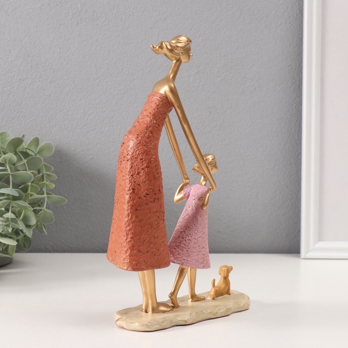 Сувенир полистоун  Сувенир полистоун "Мама с дочкой и с собачкой" оранжево-розовый 5х14х24 см