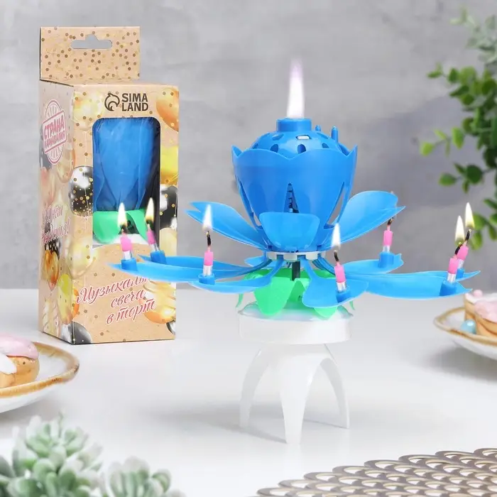 Свеча для торта музыкальная &laquo;Тюльпан&raquo;, крутящаяся, синяя, 14.5&times;6 см