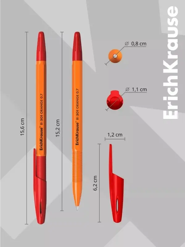 Ручка шариковая ErichKrause. R=301 Orange Stick & Grip, красный стержень, узел 0.7 мм, резиновый упор