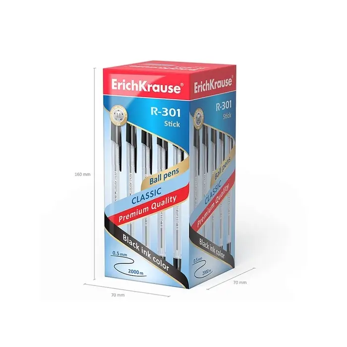 Ручка шариковая ErichKrause R-301 Classic Stick, узел 1.0 мм, чернила чёрные, длина линии письма 2000 метров, штрихкод на ручке
