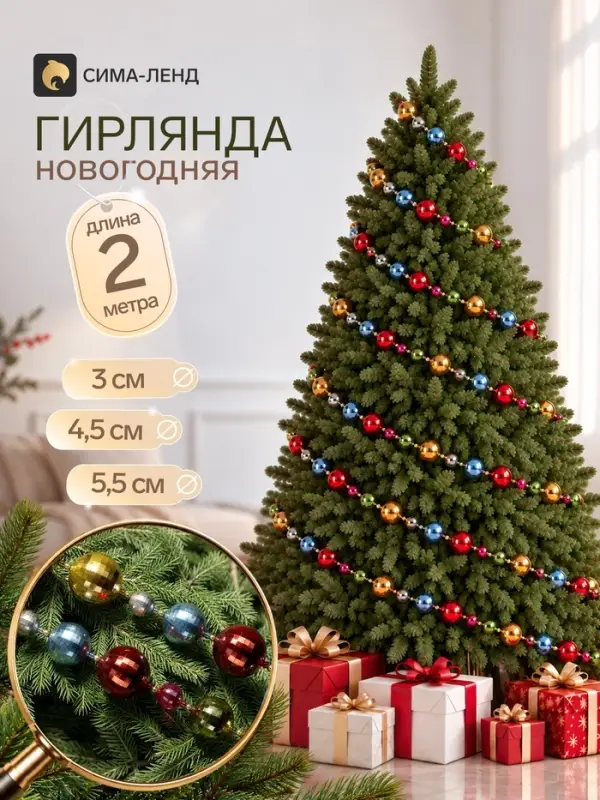 Гирлянда новогодняя 2 м &laquo;Диско-день&raquo; (шар d=3, 4.5, 5.5 см, 41 шт.)