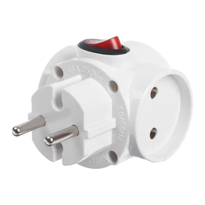 Тройник электрический с выключателем, 10A, без з/к, 220В, белый Тройник электрический с выключателем, 10A, без з/к, 220В, белый