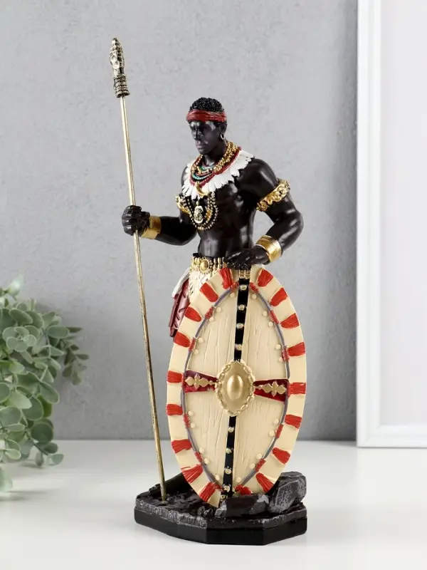 Сувенир полистоун "Воин Африки с копьем и щитом" 12х9х29 см