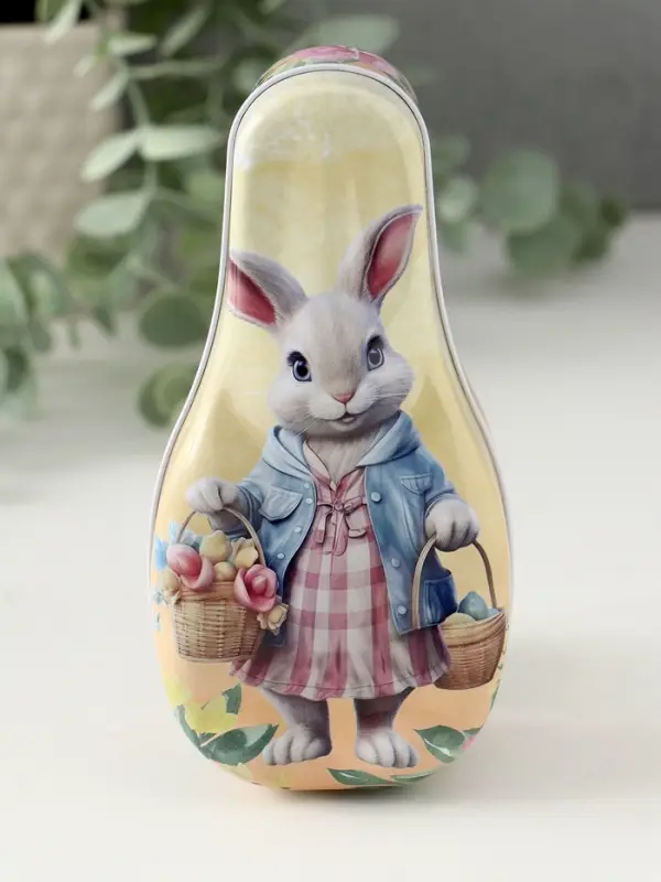 Шкатулка металл "Зайка с корзинками с цветами и яичками" 4,6х7х14,3 см