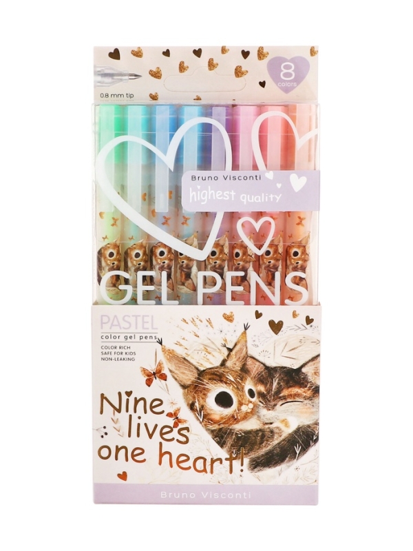Набор гелевых ручек 8цв PASTELS.LOVE ME. Котики приносят счастье, 0.8мм