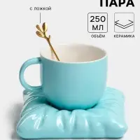 Чайная пара &laquo;Зефирка&raquo;, 3 предмета: чашка 250 мл, блюдце d=13.7 см, ложка, керамика, голубая