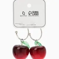 Серьги кольца &laquo;Черешня с листочком&raquo;, бордовые в серебре