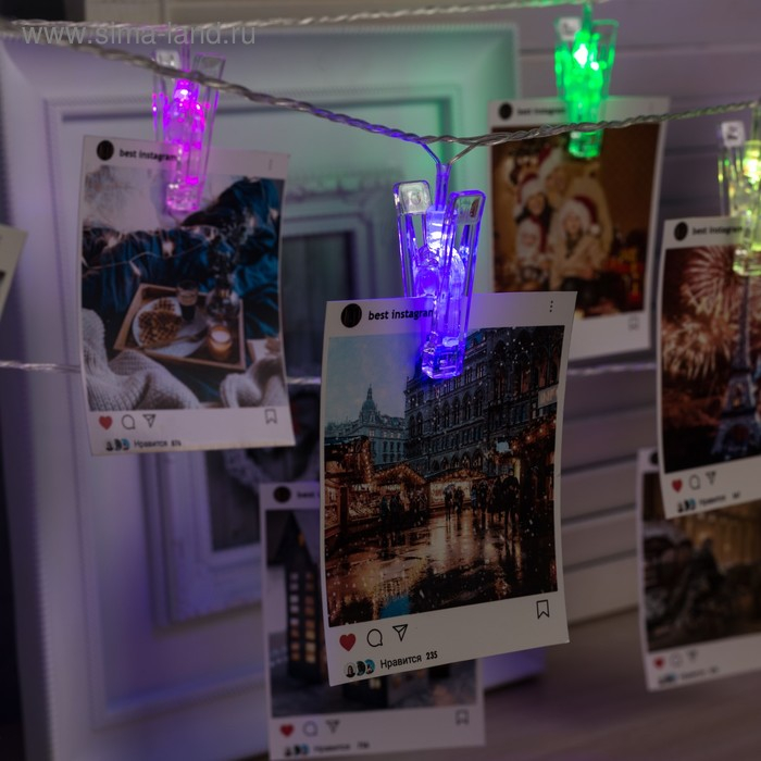 Гирлянда «Нить» 4.5 м с насадками «Прищепки», IP20, прозрачная нить, 20 LED, свечение RG/RB, мигание, 220 В Гирлянда «Нить» 4.5 м с насадками «Прищепки», IP20, прозрачная нить, 20 LED, свечение RG/RB, мигание, 220 В