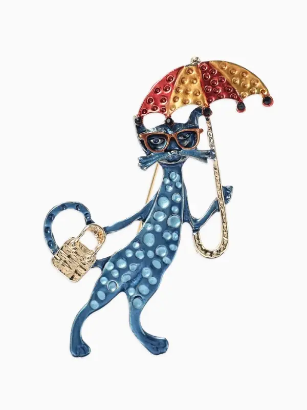 Брошь &laquo;Кошка&raquo; с зонтом, цветная в золоте