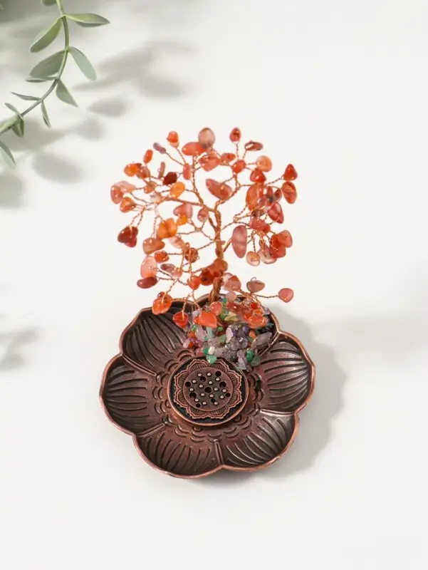Подставка под благовония "Дерево на цветке" рыжий 72 камня 9х9х13,5 см