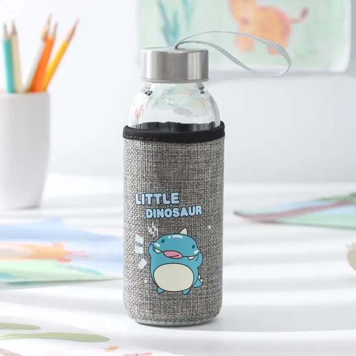 Бутылка для воды в чехле &laquo;Дино&raquo;, 300 мл, h=17 см, стекло, рисунок МИКС
