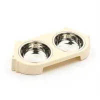 Миска двойная &laquo;Кот&raquo;, 2&times;160 мл, 30.5&times;14.9&times;5.4 см, на пластиковом основании, металл, бежевая