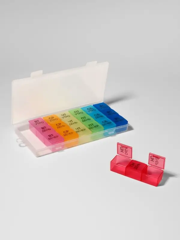 Таблетница - органайзер &laquo;Неделька&raquo;, съёмные ячейки, утро/день/вечер, 19.2&times;8.5&times;2.1 см, 7 контейнеров по 3 секции, разноцветная