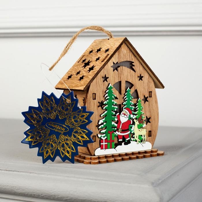 Ёлочная игрушка «Домик с Дедом Морозом и ёлкой», от батареек, свечение тёплое белое Ёлочная игрушка «Домик с Дедом Морозом и ёлкой», от батареек, свечение тёплое белое