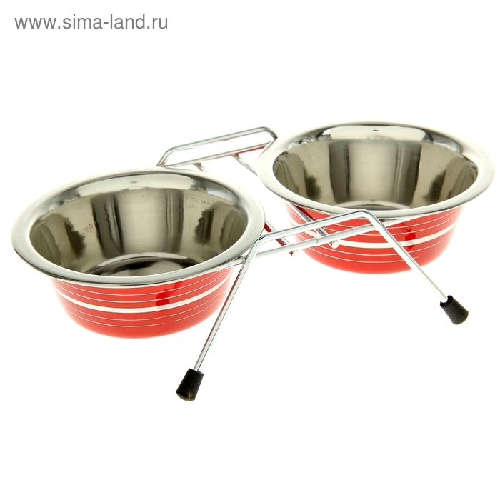 Набор: миска двойная цветная с полосой на подставке VM-3000(G), 2*360 мл Набор: миска двойная цветная с полосой на подставке VM-3000(G), 2*360 мл