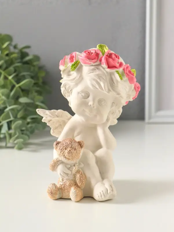 Фигурка гипс &laquo;Ангел с мишкой&raquo;, 14&times;8 см, белая с позолотой