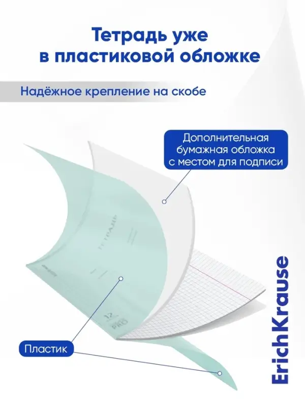 Тетрадь 12 листов в клетку, ErichKrause &laquo;Классика. CoverPro Pastel&raquo;, в клетку, пластиковая обложка, мятная