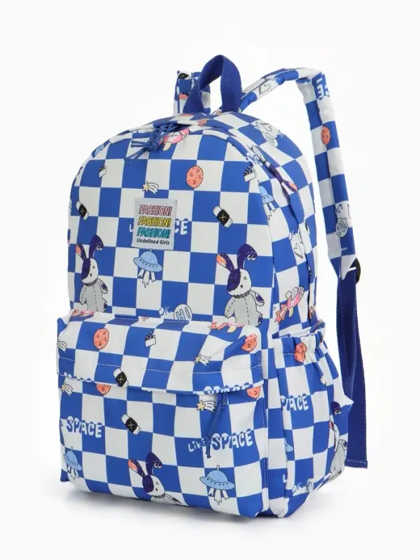 Рюкзак школьный на молнии, с карманами, в клетку, 28&times;11.5&times;40 см, синий