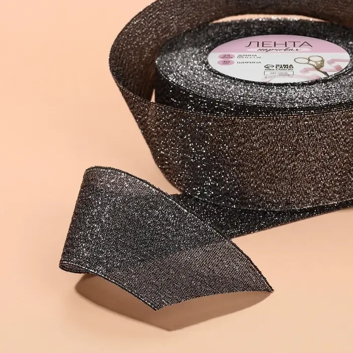 Лента парчовая, 40 мм, 23 ± 1 м, цвет чёрный №029