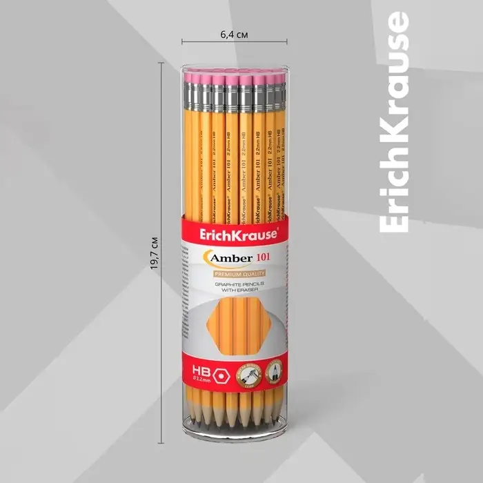 Карандаш чернографитный с ластиком ErichKrause Amber 101, НВ, грифель d=2.2 мм, дерево, шестигранный в тубусе Карандаш чернографитный с ластиком ErichKrause Amber 101, НВ, грифель d=2.2 мм, дерево, шестигранный в тубусе