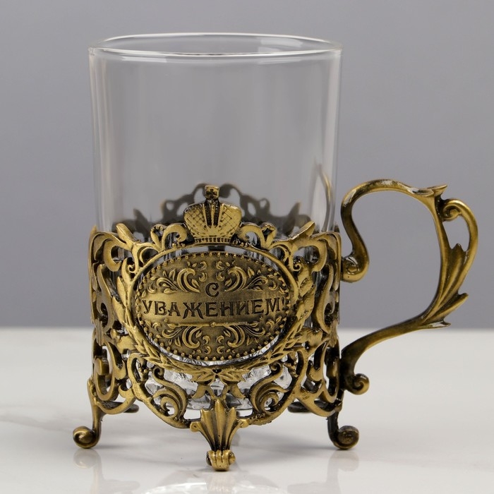 Подстаканник со стаканом  Подстаканник со стаканом "С Уважением", 12,5 х 12,5 х 13 см