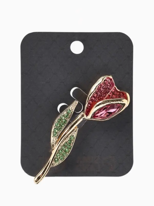 Брошь &laquo;Цветок&raquo; тюльпан, стразы, цвет розово-зелёный в золоте