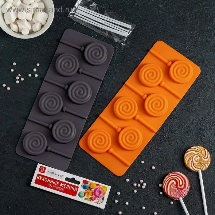 Форма для леденцов Доляна «Леденец», силикон, 9.5×24 см, 6 ячеек (8.2×3.9 см), с палочками, МИКС Форма для леденцов Доляна «Леденец», силикон, 9.5×24 см, 6 ячеек (8.2×3.9 см), с палочками, МИКС