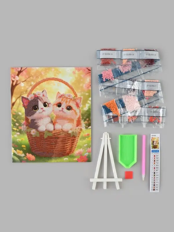 Алмазная мозаика &laquo;Котики в корзинке&raquo; 21&times;25 см, с мольбертом