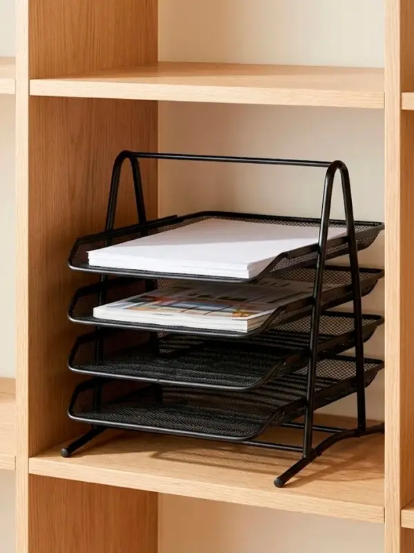 Лоток для бумаг А4, горизонтальный, металлическая сетка, 4 отделения, чёрный