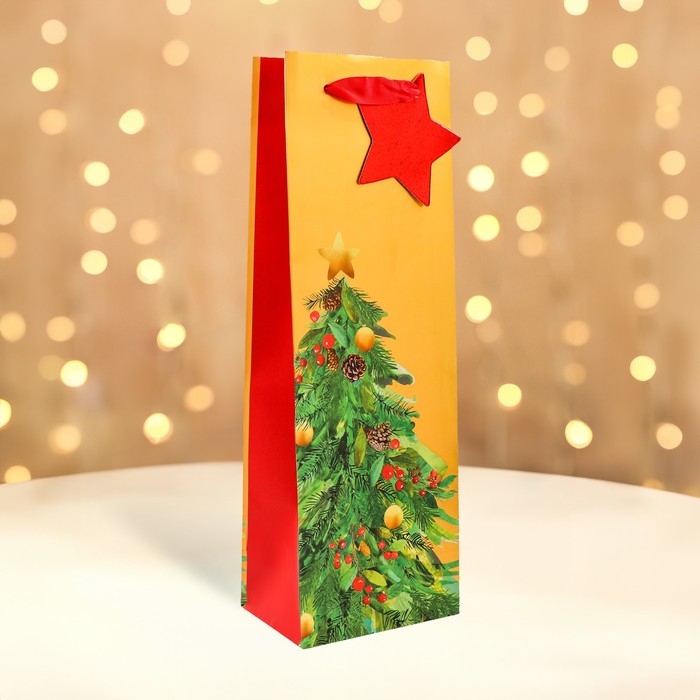 Новый год. Пакет подарочный новогодний под бутылку, упаковка  Новый год. Пакет подарочный новогодний под бутылку, упаковка "Дивная ёлка", 12 х 36 х 8,5 см.