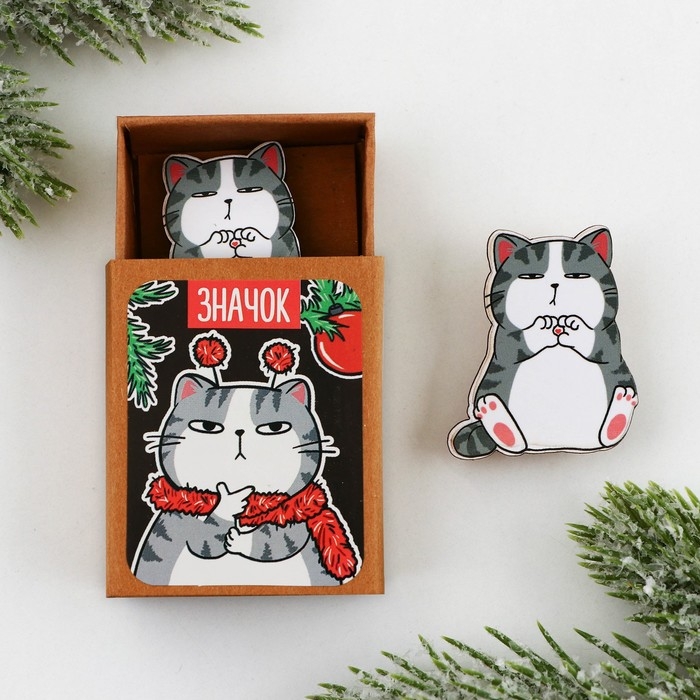 Новогодний значок в коробочке &laquo;Новый год: Котик&raquo; 3,1 х 3,7 см