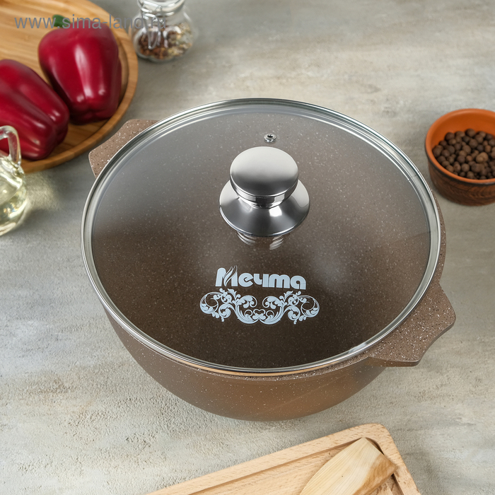 Казан «Гранит Brown», 5 л, стеклянная крышка, литые ручки, антипригарное покрытие, цвет коричневый