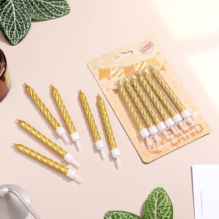 Свечи в торт с подставками, золотые, средние, набор 6 шт, 8 см Свечи в торт с подставками, золотые, средние, набор 6 шт, 8 см