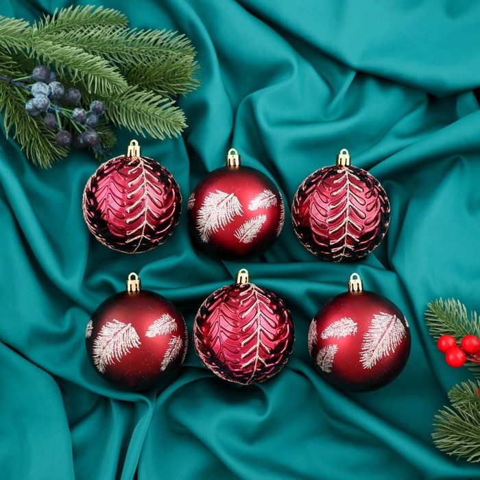 Набор шаров пластик d-8 см, 6 шт Набор шаров пластик d-8 см, 6 шт "Сказочные узоры перья, красный